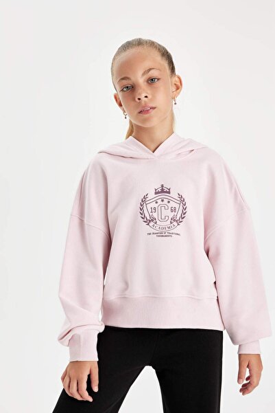 DeFacto Oversize Geniş Kalıp Kapüşonlu İşlemeli Sweatshirt Kız Çocuk D2885A824WN