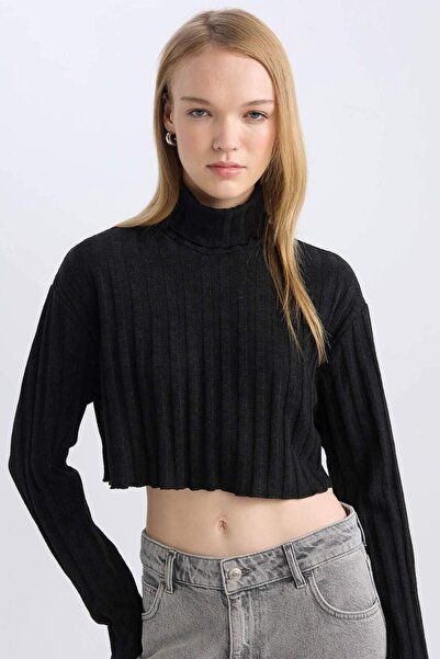 DeFacto Turtleneck Crop Basic Plain Corded Fabric Ribbed Knit Long Sleeve T-S...