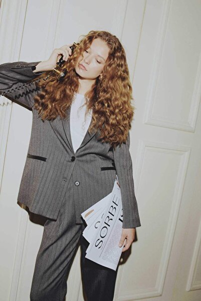 DeFacto Sorbe x Oversize Φαρδύ Παλτό Πέτο Μπλέιζερ με ριγέ κουμπιά D9916AX24AU