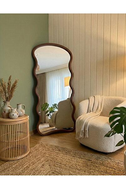 Ersan Dizayn Ceviz Ahşap Çerçeve Dalga Model Ayaklı Boy Aynası 80x180