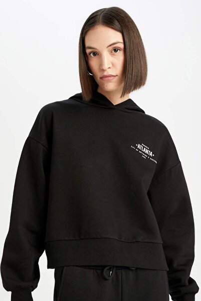 DeFacto Boxy Fit Kapüşonlu Baskılı Kalın Siyah Sweatshirt D6717AX24WN