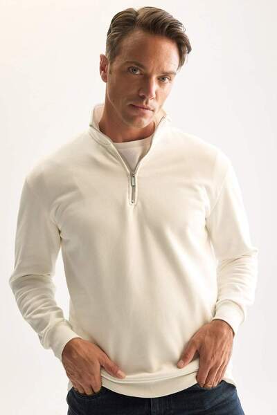 DeFacto White Fleece Men's Sweatshirt - 3 Thread Cotton, Stand Collar, Zipper...