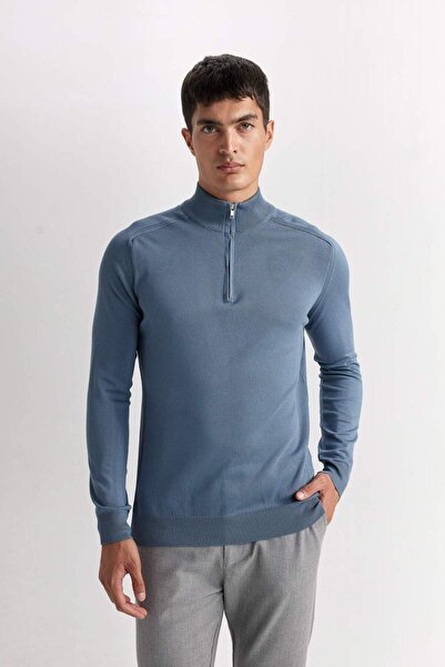 DeFacto Blue Knitwear Sweater - Standard Fit, Half Fisherman Half Zip D0624Ax...