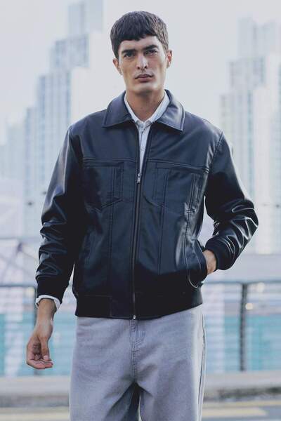 DeFacto طارد للماء سترة بقصة عادية G ياقة قميص بسحّاب داخلي Ce بجيوب u جلد صن...