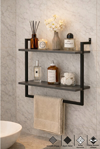 Euromob 60x20 cm Banyo Rafı Duvara Monte Havluluk 2 Katlı Dekoratif Düzenleyi...