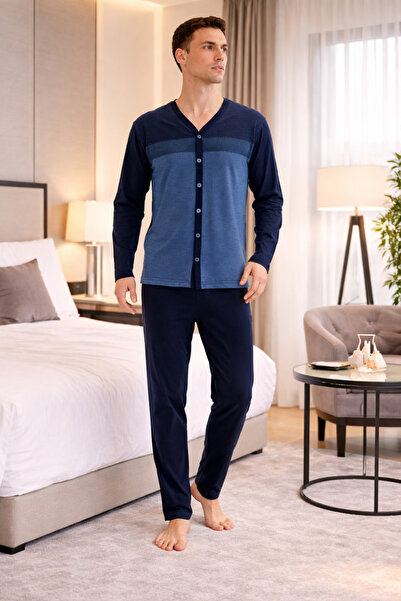 YUYİ Kly Cotton V-Neck Front Buttoned Long Sleeved Men's Pajama Set 26104