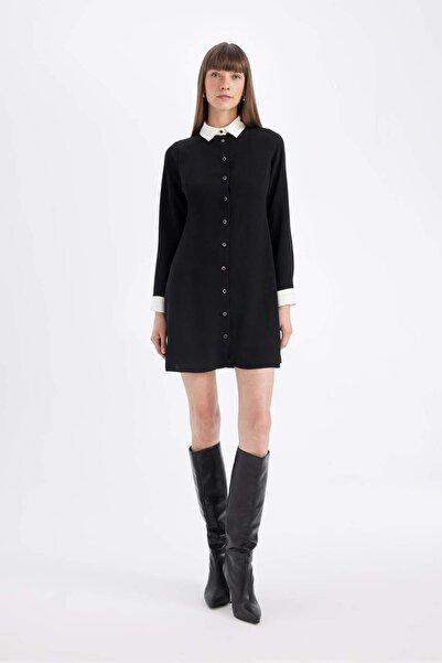 DeFacto Shirt Collar Basic Plain Button Crepe Long Sleeve Mini Black Dress D2...