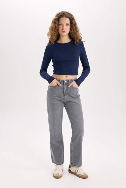 DeFacto Fitted Crew Neck Ribbed Camisole Basic Plain Long Sleeve T-Shirt Y9870Az24Au