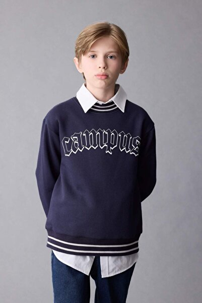 DeFacto Hanorac cu imprimeu pentru băiat, albastru bleumarin, oversize, cu de...