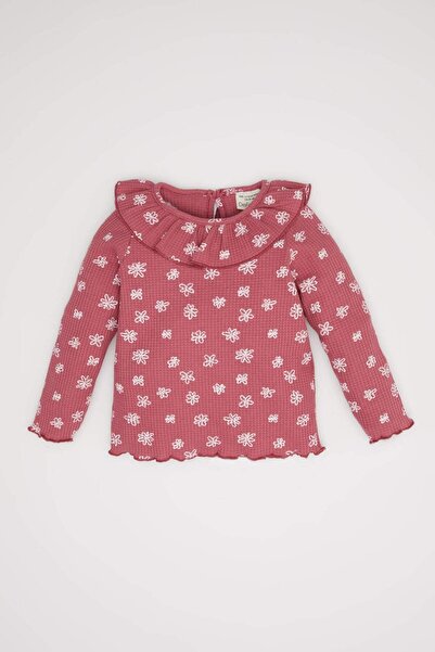 DeFacto Pink Floral Print Waffle Baby Girl T-Shirt - Long Sleeve, Crew Neck, ...