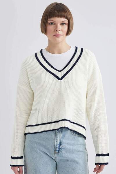 DeFacto Pulover de tricotaj din țesătură Thessaloniki cu decolteu în V Relax ...