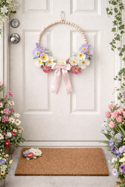 ecrella Bohem Ahşap Boncuklu Kapı Süsü & Çiçekli Koko Paspas Seti – Pastel Ba...