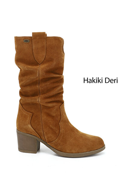 GÖNDERİ(R) Kadın Taba Süet Kalın Topuklu Körüklü Hakiki Deri Çizme