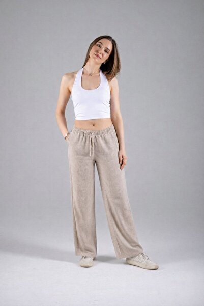 Maison La Femme بنطلون نسائي من الكتان بخصر مطاطي وقصة فضفاضة