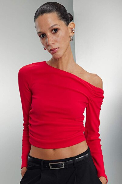 DeFacto Red Slim Fit Slim Fit One Shoulder Rib Knit Basic Plain Long Sleeve T...