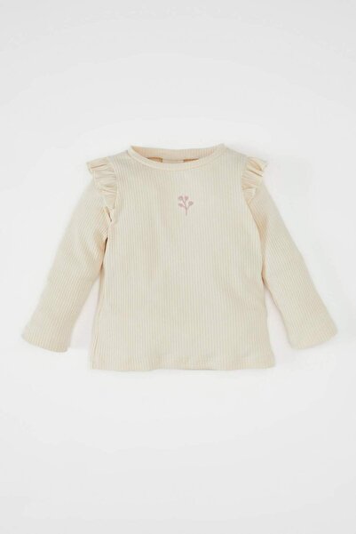 DeFacto Crew Neck Floral Corded Fabric Ruffle Ribbed Knit Long Sleeve T-Shirt...