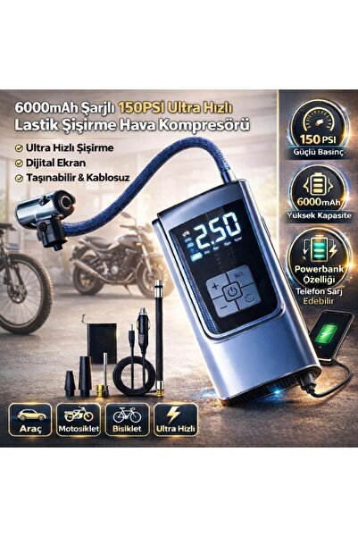coofbe 150psi 6000mAh Şarjlı Otomatik Araç Lastik Şişirme Pompası Ve Powerban...