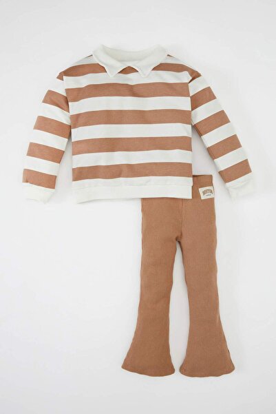 DeFacto Baby Girl 2-Piece Set Polo Neck School Striped Sweatshirt Elastic Wai...