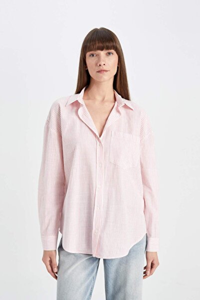 DeFacto Μακρυμάνικο πουκάμισο Oversize Wide Fit ριγέ λινό D2947AX24SM