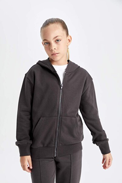 DeFacto Anthracite Basic Plain Hooded Zippered School Cardigan for Girls C811...
