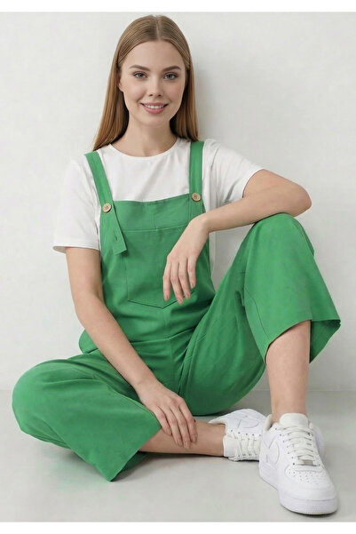 Little Visqon Kadın Yeşil Geniş Paça Keten Görünümlü Bahçıvan Askılı Rahat Ke...