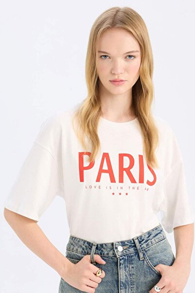 DeFacto Μπλουζάκι με κοντό μανίκι με στάμπα Oversize Wide Fit Crew D5276AX24AU