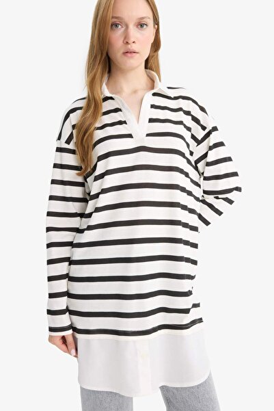 DeFacto Μακρυμάνικο μπλουζάκι με κανονική εφαρμογή με ριγέ γιακά πόλο με λεπτ...