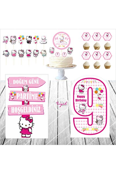 SİYAH PARTİ EVİ Hello Kitty 9 Yaş Doğum Günü Pasta Süsü Masa Maketi Seti