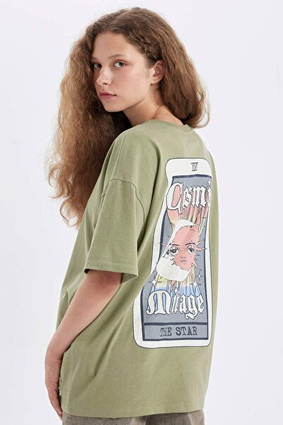 DeFacto Oversized Wide Fit Crew Neck Back Printed Short Sleeve T-Shirt D4927A...