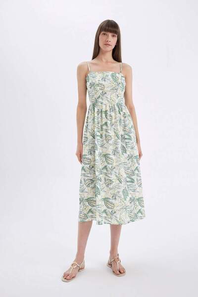 DeFacto Strappy Cotton Midi Dress - Square Neck, Patterned D4454AX24HS