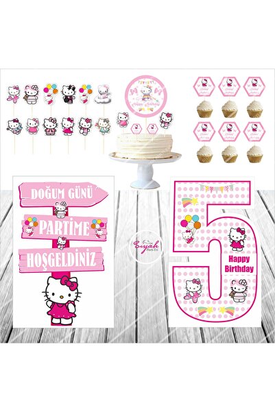SİYAH PARTİ EVİ Hello Kitty 5 Yaş Doğum Günü Pasta Süsü Masa Maketi Seti