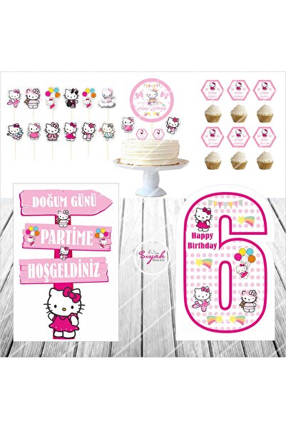 SİYAH PARTİ EVİ Hello Kitty 6 Year Old Birthday Cake Decoration Table Model Set