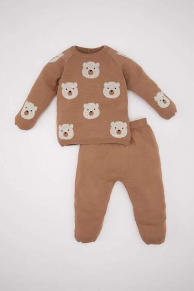 DeFacto Baby Boy 2-Piece Set Teddy Bear Patterned Knitwear Sweater Elastic Wa...