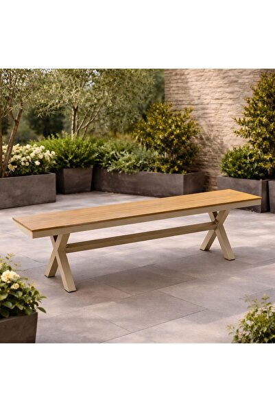 SERSIMO Bancă de grădină din aluminiu cu șezut cu aspect de lemn, 150x36x47, bej