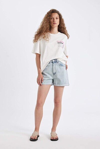 DeFacto Pantaloni scurți din denim Mom Fit cu talie înaltă tăieturi D4582AX24HS