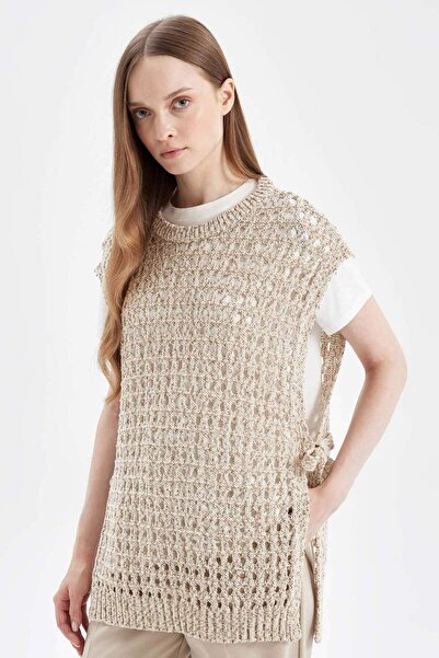 DeFacto Crew Neck Side Tie Openwork Knitwear Sweater D4163Ax24Au