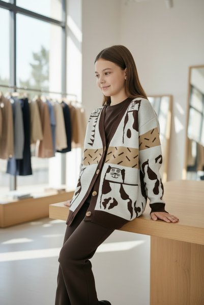 Minimoda Kids Girl's Cat Printed Cardigan
