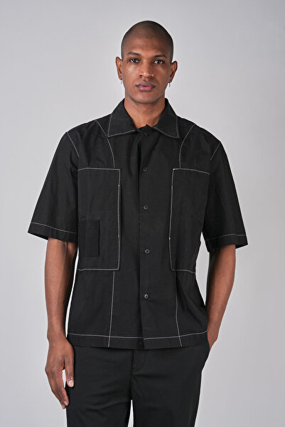 Ex-pent Erkek Pamuklu Poplin Kontrast Dikişli Siyah Gömlek GE9218-5293