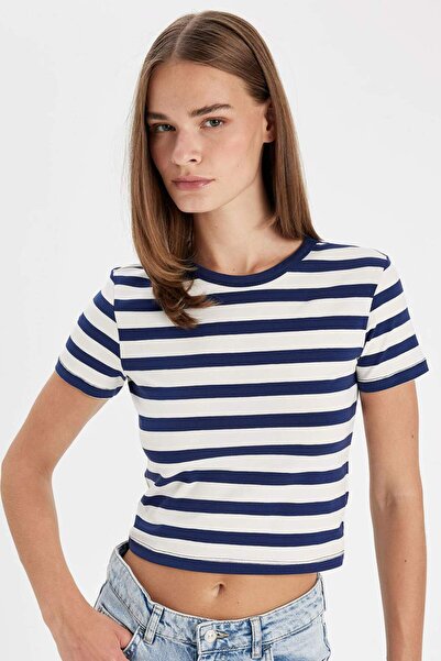 DeFacto Slim Fit Slim Fit Crew Neck Striped Combed Cotton Short Sleeve T-Shir...