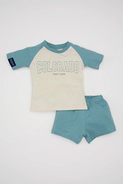 DeFacto Baby Boy Printed Short Sleeve T-Shirt Shorts Combed Cotton 2 Piece Se...