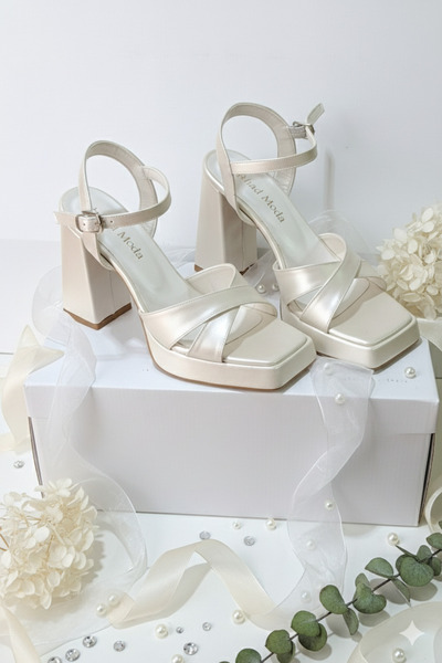 Fermoda Köşeli Platform Yüksek Kalın Topuklu Sedef Reng Gelinlik Düğün Nişan ...