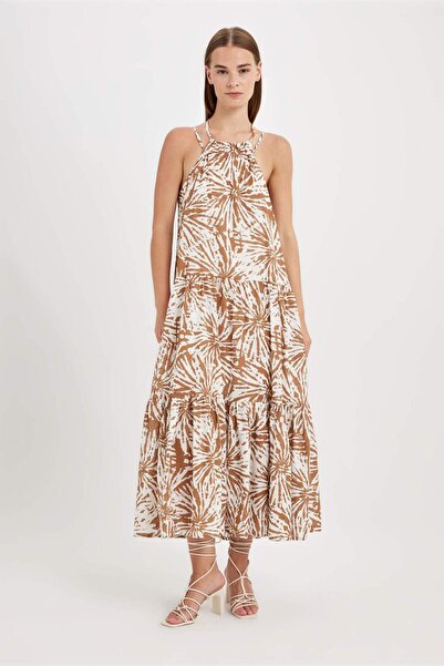 DeFacto Rochie maxi fără mâneci din voal cu imprimeu floral cu decolteu A-Lin...