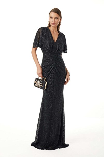 EXPLOSION Payet V Yaka Büzgü Detaylı Maxi Elbise