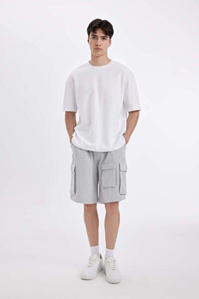 DeFacto Relax Fit Beli Lastikli Bağcıklı Basic Düz Kargo Bermuda Şort C5591AX...