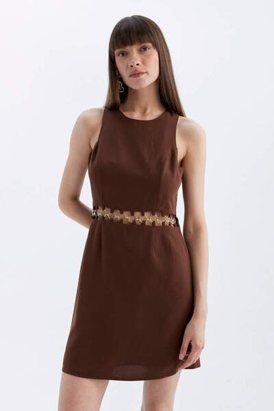 DeFacto Μίντι φόρεμα από λινό με στρογγυλή λαιμόκοψη - Αμάνικο, C8185AX24SM