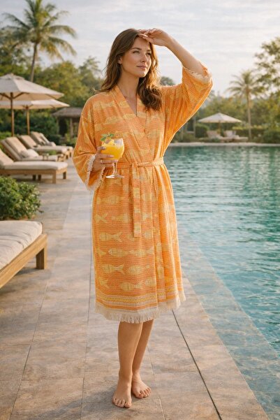 HB&Victory %100 Pamuk Müslin Jakarlı Kimono Kaftan Bornoz
