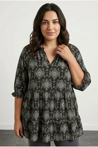 Stil Diva بلوزة بطباعة طية صدر السترة نصف كم مقاس كبير 321991