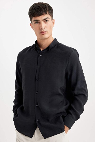 DeFacto Relax Fit Polokragen Popeline Modal Basic Plain Langarm Schwarzes Hem...