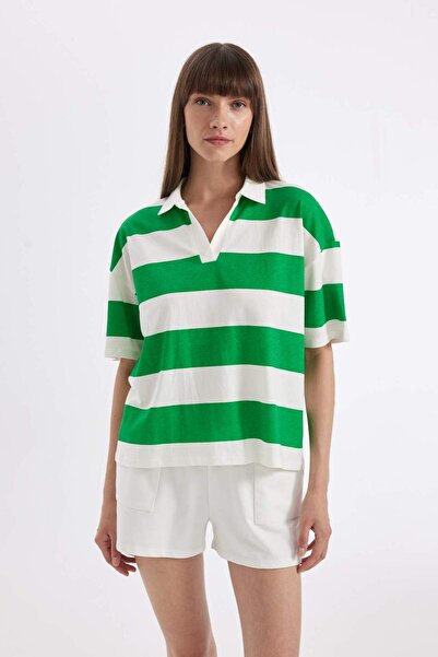 DeFacto Tricou polo cu mânecă scurtă din bumbac pieptănat cu dungi Relax Fit ...