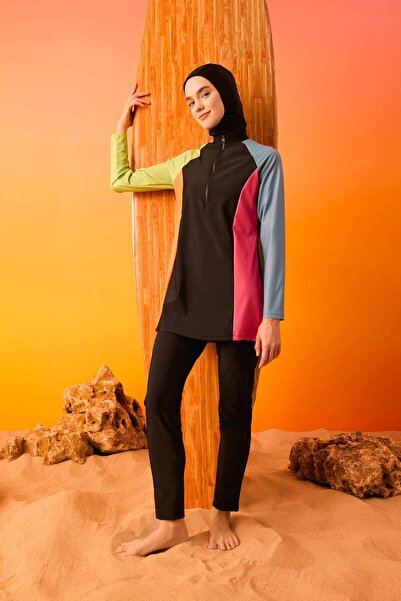DeFacto Regular Fit Color Blocked 4-Piece Basic Burkini Hijab Swimsuit Suit B...